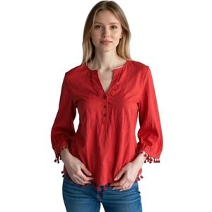 Embellish Women Red Cotton Tassel Trim Henley‎ Blouse Size Large Boho Tunic